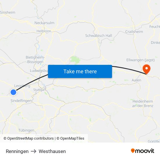Renningen to Westhausen map