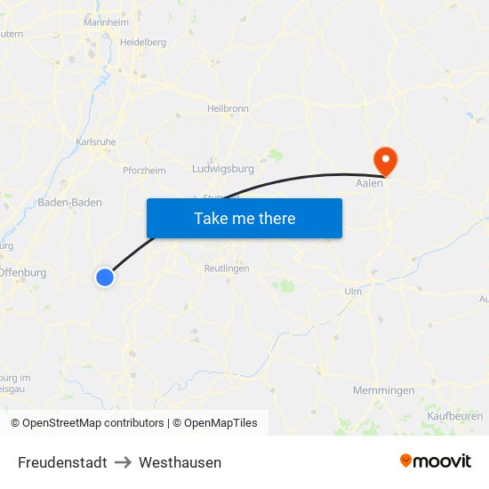 Freudenstadt to Westhausen map