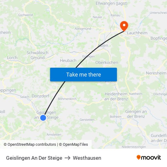 Geislingen An Der Steige to Westhausen map