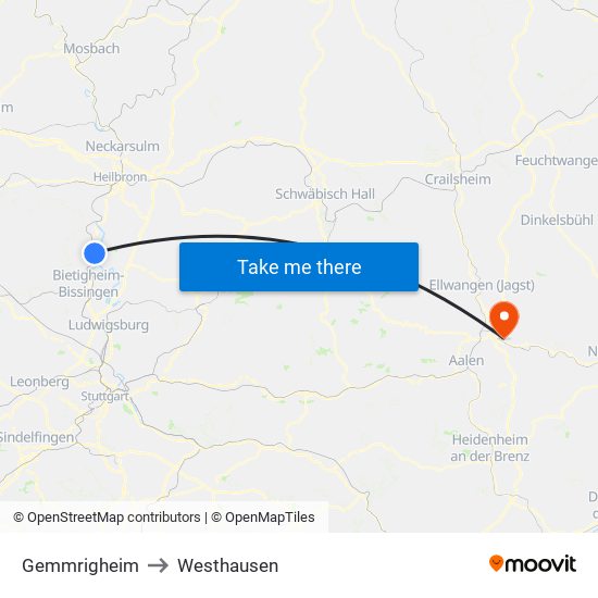 Gemmrigheim to Westhausen map