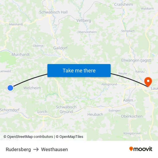 Rudersberg to Westhausen map
