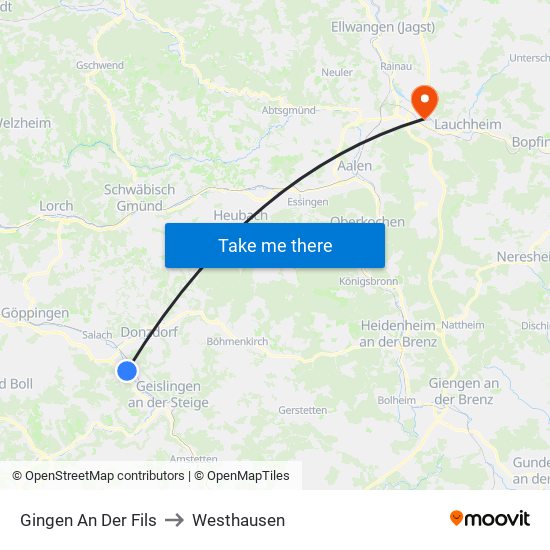 Gingen An Der Fils to Westhausen map