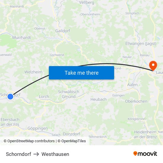 Schorndorf to Westhausen map