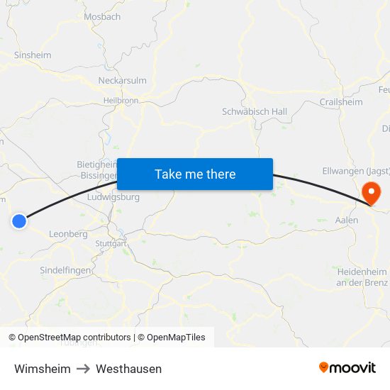 Wimsheim to Westhausen map