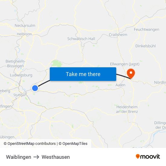 Waiblingen to Westhausen map