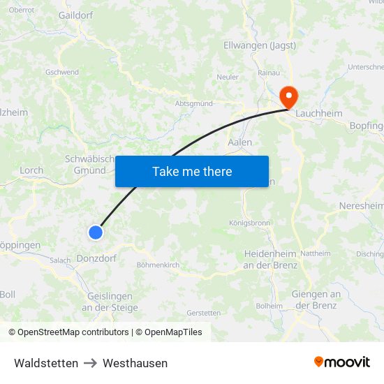 Waldstetten to Westhausen map