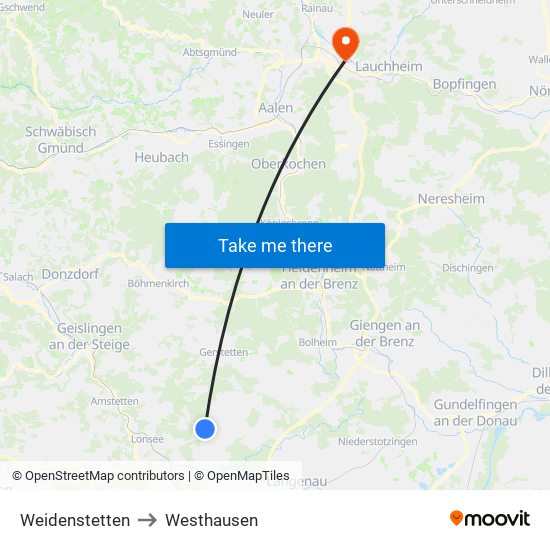 Weidenstetten to Westhausen map