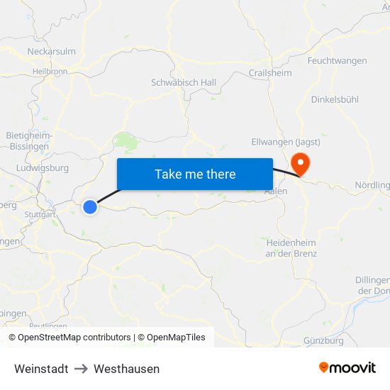 Weinstadt to Westhausen map