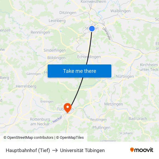 Hauptbahnhof (Tief) to Universität Tübingen map