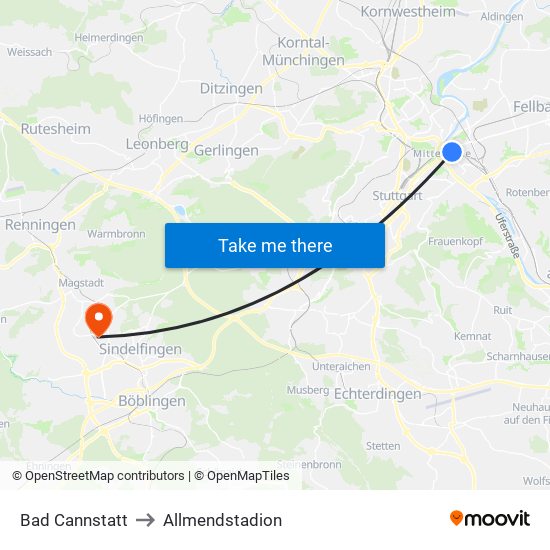 Bad Cannstatt to Allmendstadion map