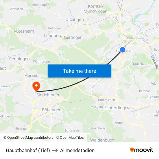 Hauptbahnhof (Tief) to Allmendstadion map