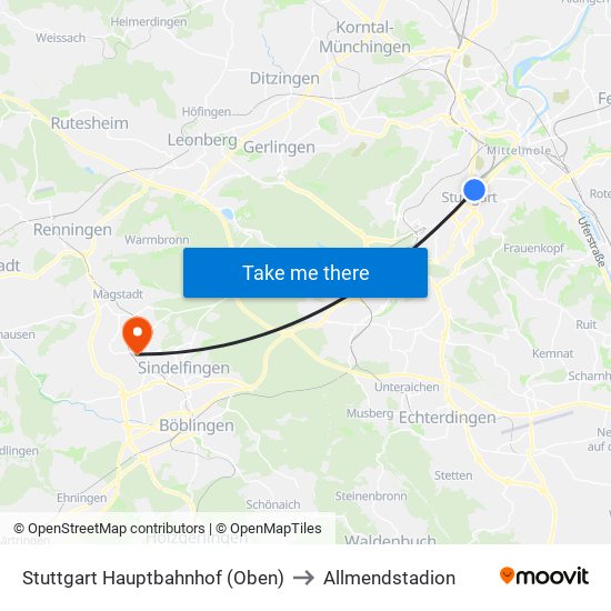 Stuttgart Hauptbahnhof (Oben) to Allmendstadion map