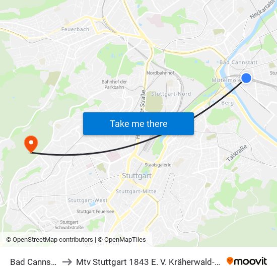 Bad Cannstatt to Mtv Stuttgart 1843 E. V. Kräherwald-Anlage map