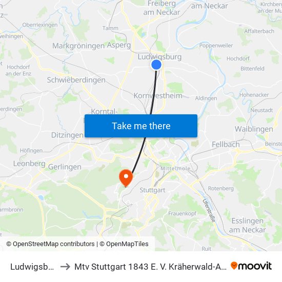 Ludwigsburg to Mtv Stuttgart 1843 E. V. Kräherwald-Anlage map