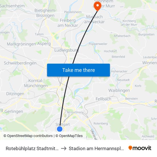 Rotebühlplatz Stadtmitte to Stadion am Hermannsplatz map