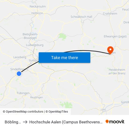 Böblingen to Hochschule Aalen (Campus Beethovenstraße) map