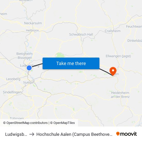 Ludwigsburg to Hochschule Aalen (Campus Beethovenstraße) map