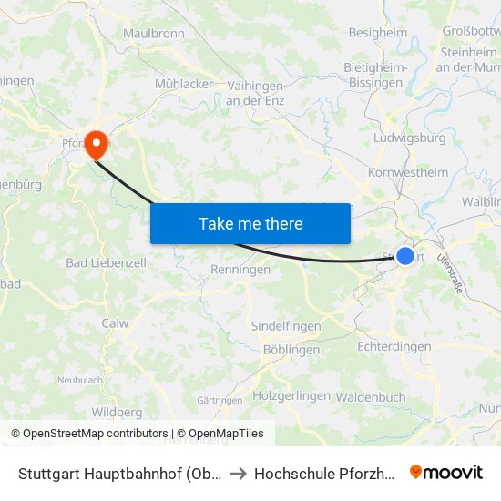 Stuttgart Hauptbahnhof (Oben) to Hochschule Pforzheim map