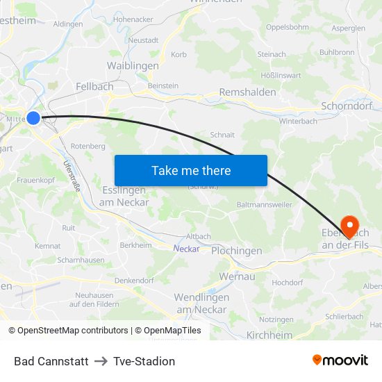 Bad Cannstatt to Tve-Stadion map