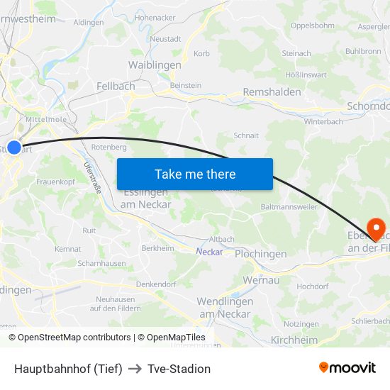 Hauptbahnhof (Tief) to Tve-Stadion map