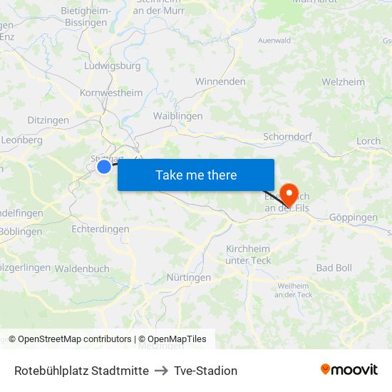 Rotebühlplatz Stadtmitte to Tve-Stadion map