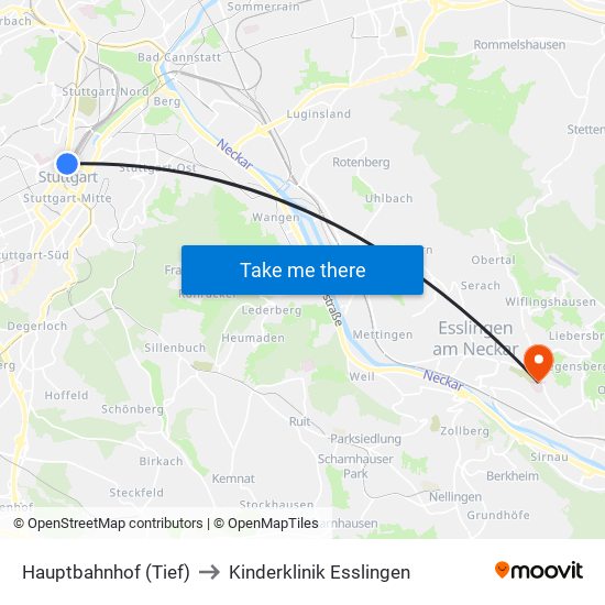 Hauptbahnhof (Tief) to Kinderklinik Esslingen map