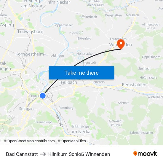 Bad Cannstatt to Klinikum Schloß Winnenden map