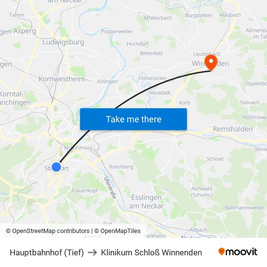 Hauptbahnhof (Tief) to Klinikum Schloß Winnenden map