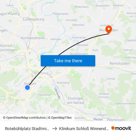 Rotebühlplatz Stadtmitte to Klinikum Schloß Winnenden map