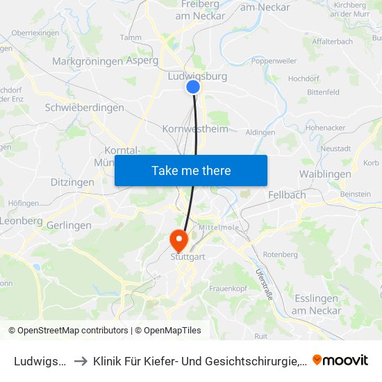 Ludwigsburg to Klinik Für Kiefer- Und Gesichtschirurgie, Augenklinik map