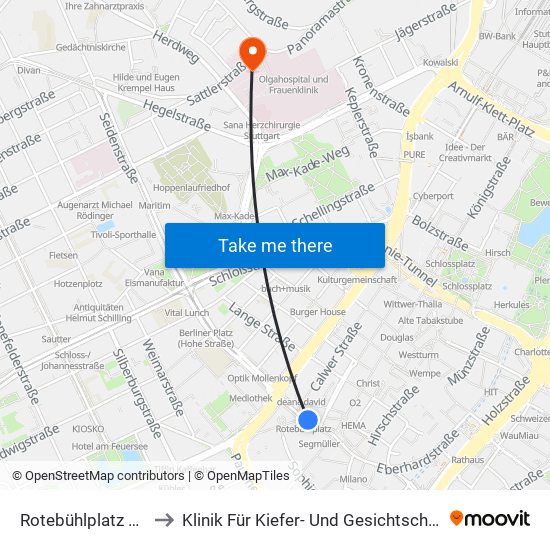 Rotebühlplatz Stadtmitte to Klinik Für Kiefer- Und Gesichtschirurgie, Augenklinik map