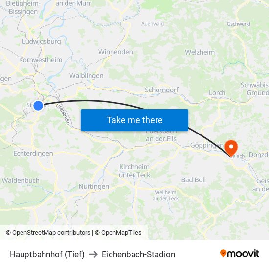 Hauptbahnhof (Tief) to Eichenbach-Stadion map