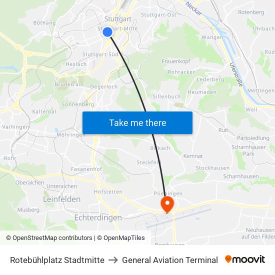 Rotebühlplatz Stadtmitte to General Aviation Terminal map