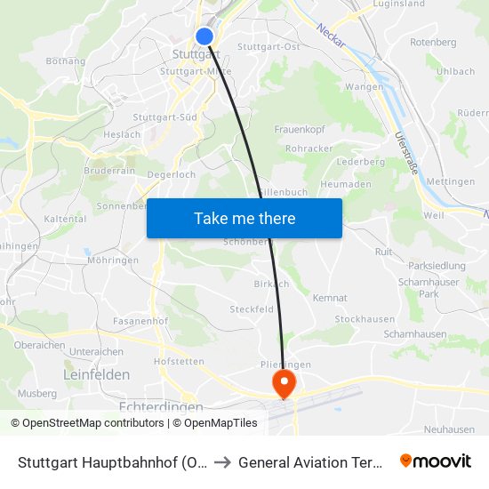 Stuttgart Hauptbahnhof (Oben) to General Aviation Terminal map