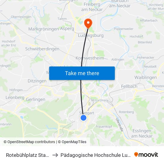 Rotebühlplatz Stadtmitte to Pädagogische Hochschule Ludwigsburg map