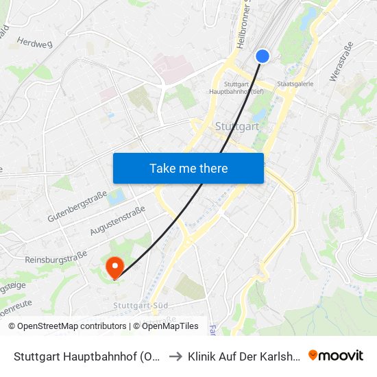 Stuttgart Hauptbahnhof (Oben) to Klinik Auf Der Karlshöhe map