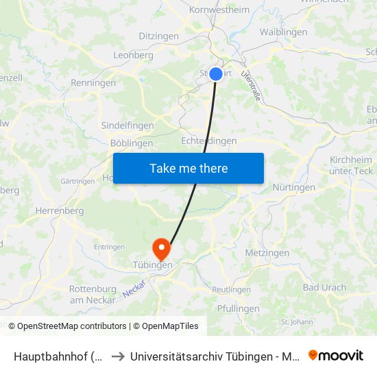 Hauptbahnhof (Tief) to Universitätsarchiv Tübingen - Magazin map