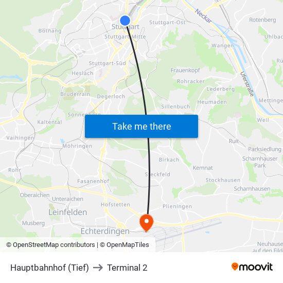 Hauptbahnhof (Tief) to Terminal 2 map