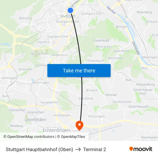 Stuttgart Hauptbahnhof (Oben) to Terminal 2 map