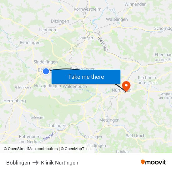 Böblingen to Klinik Nürtingen map