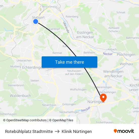 Rotebühlplatz Stadtmitte to Klinik Nürtingen map