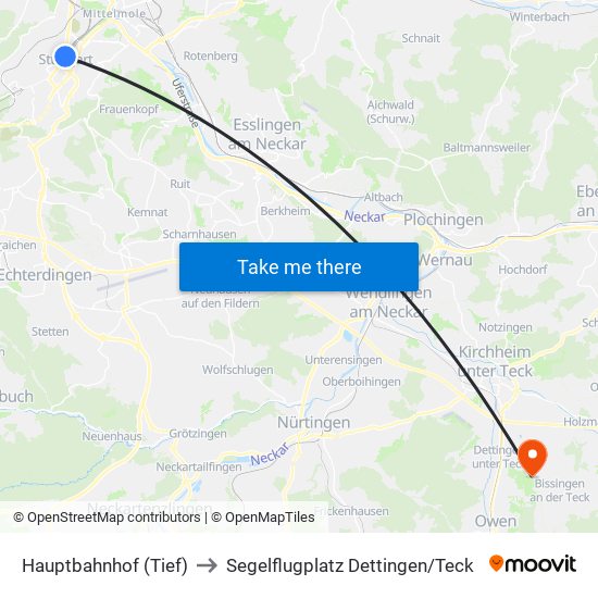 Hauptbahnhof (Tief) to Segelflugplatz Dettingen/Teck map