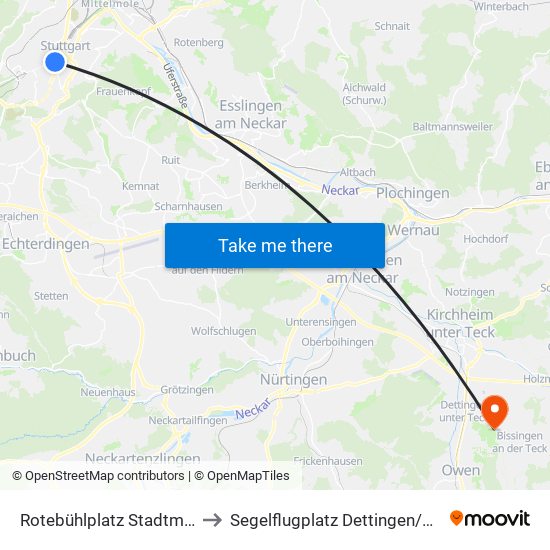 Rotebühlplatz Stadtmitte to Segelflugplatz Dettingen/Teck map