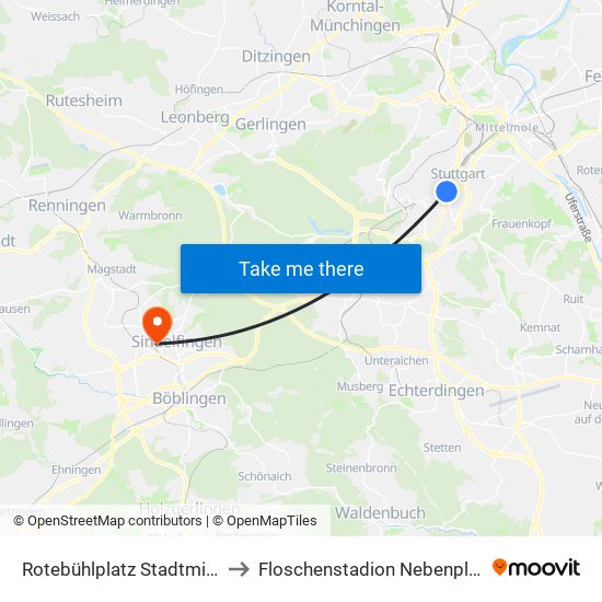 Rotebühlplatz Stadtmitte to Floschenstadion Nebenplatz map