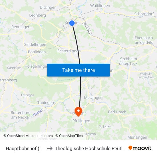 Hauptbahnhof (Tief) to Theologische Hochschule Reutlingen map