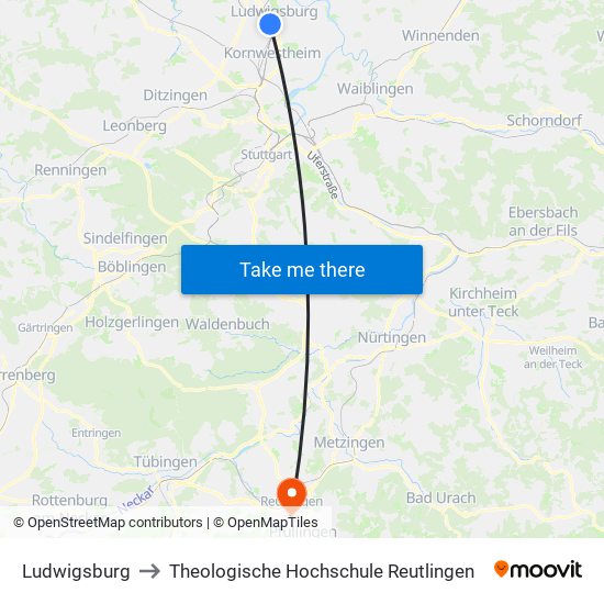 Ludwigsburg to Theologische Hochschule Reutlingen map