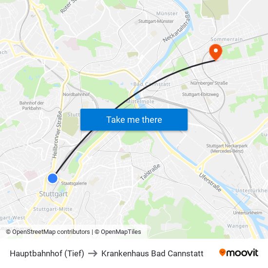 Hauptbahnhof (Tief) to Krankenhaus Bad Cannstatt map