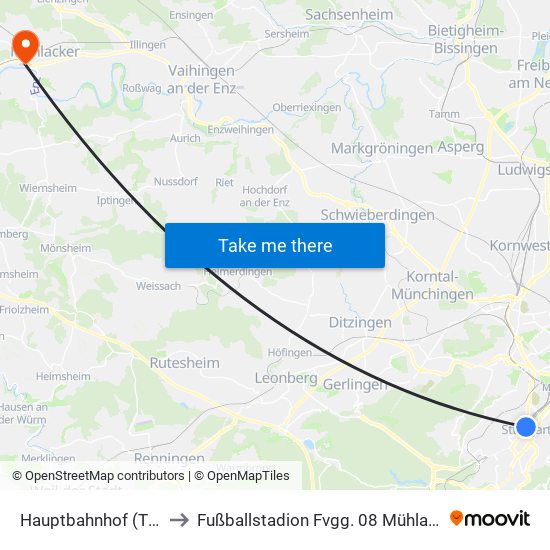 Hauptbahnhof (Tief) to Fußballstadion Fvgg. 08 Mühlacker map