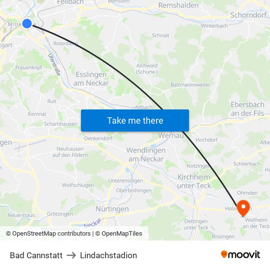 Bad Cannstatt to Lindachstadion map