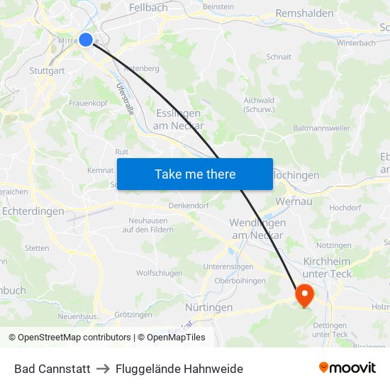 Bad Cannstatt to Fluggelände Hahnweide map